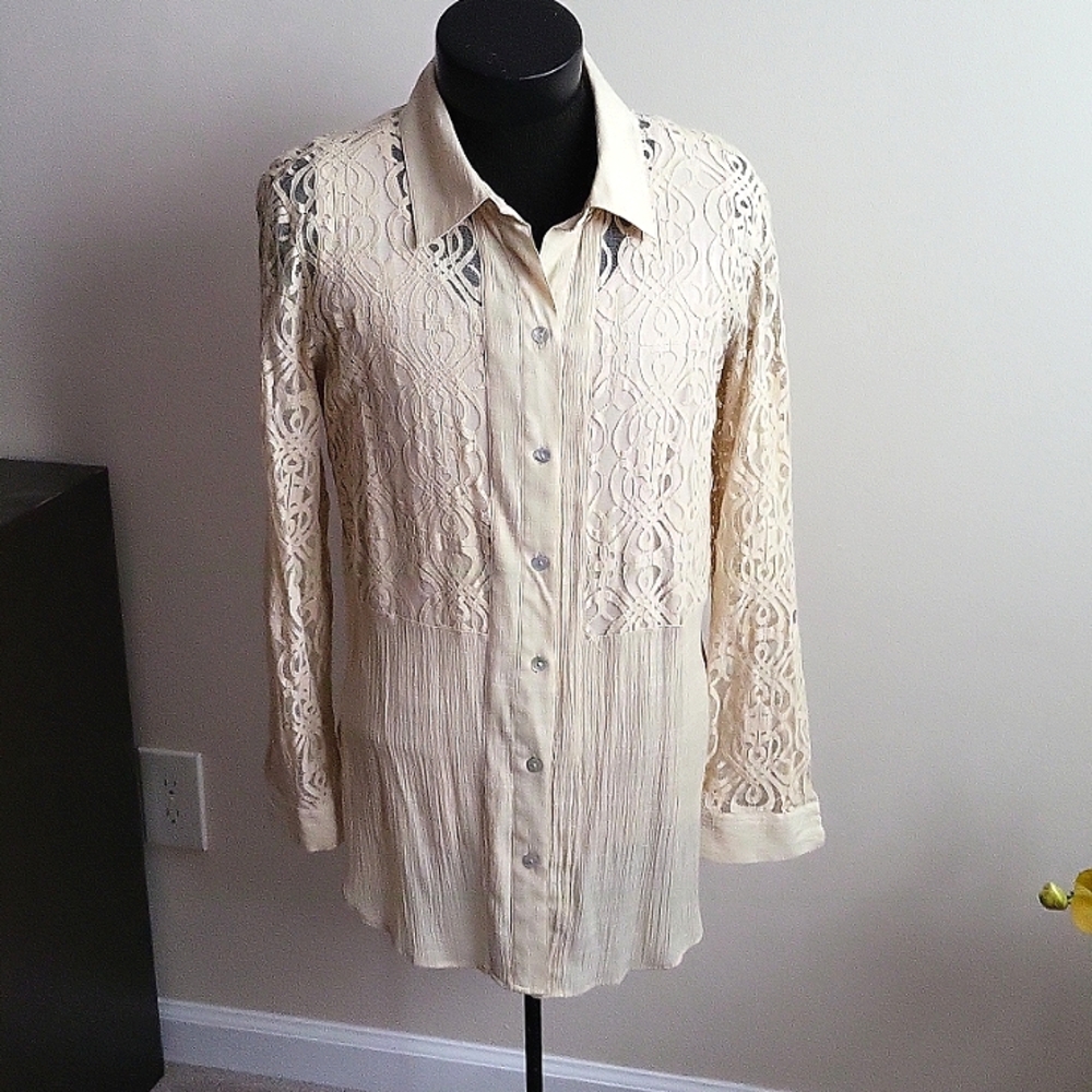 Multiples, XL, lace blouse +tank, tunick, champagne, elegant, lightweight 2 pc